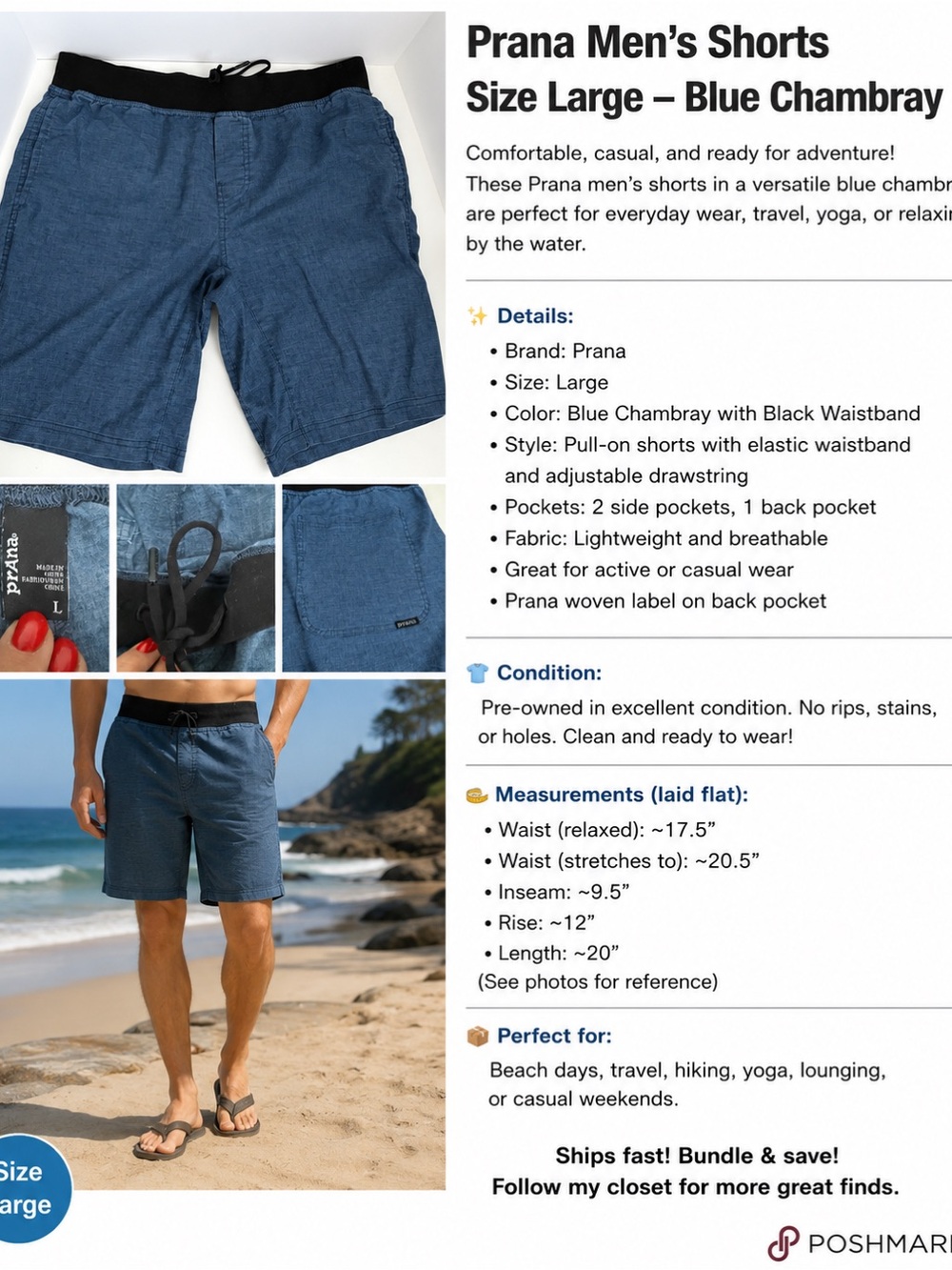 Prana Mens Size Large Blue Pull-On Short Drawstring Elastic Waist Casual Outdoor